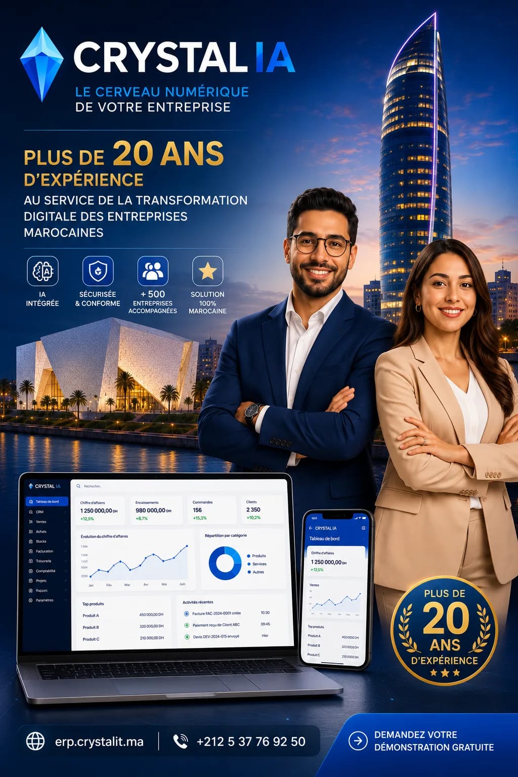 Affiche « +20 ans d'expérience » de la campagne CRYSTAL IA, devant la Tour Mohammed VI à Rabat