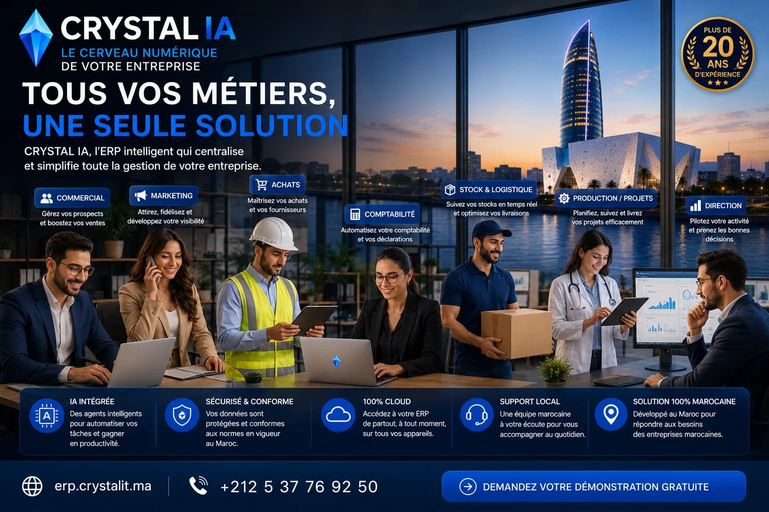Affiche de la campagne Crystal IA « Tous vos métiers, une seule solution » réunissant des professionnels marocains du commercial, du marketing, du BTP, de la comptabilité, de la logistique, de la santé et de la direction
